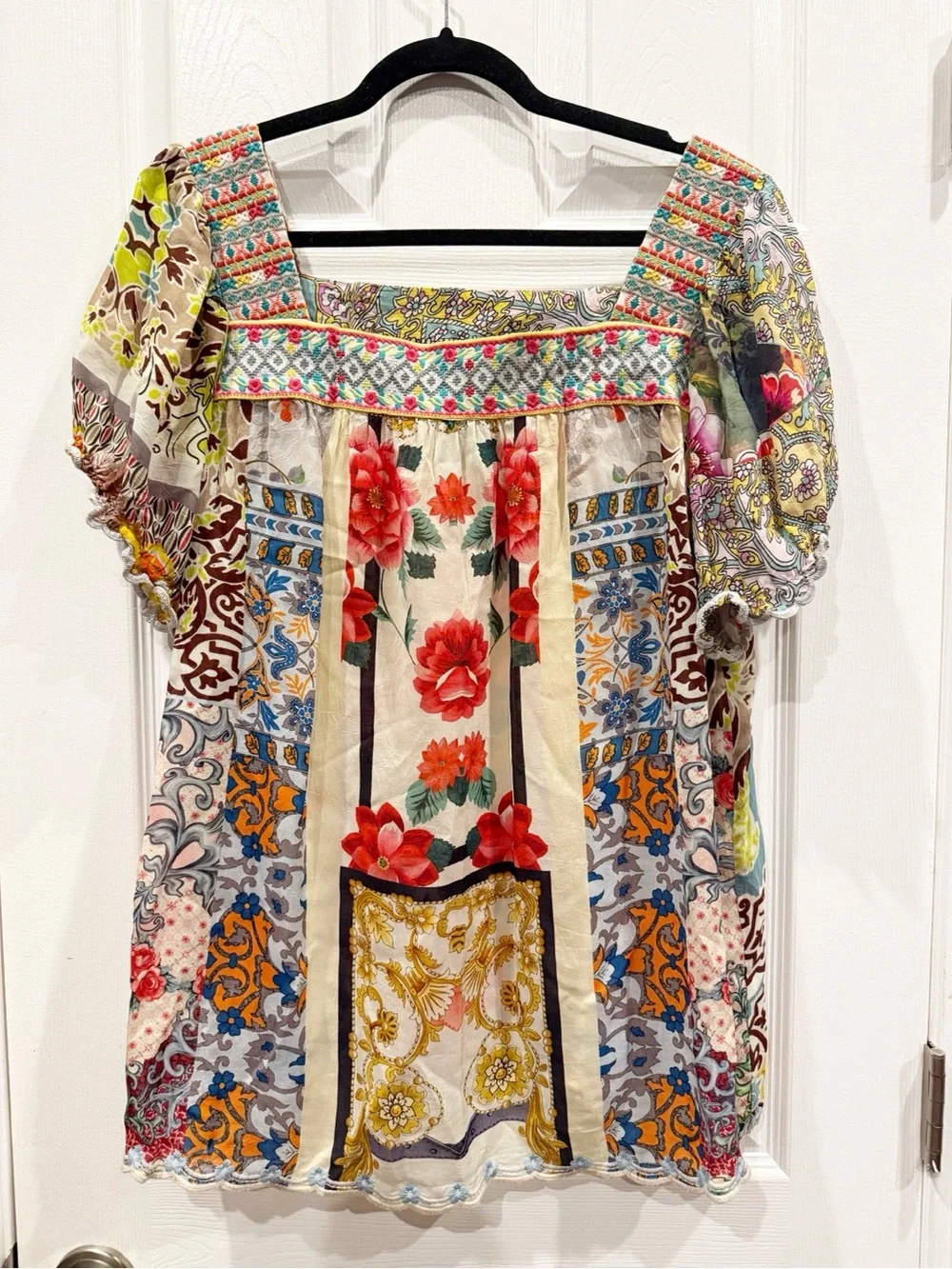 Johnny Was Embroidered Puff Sleeve Square Neck Blouse Top Mixed Prints - Picture 2 of 6